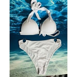 ☀️White Ribbed Push Up Halter Bikini Set with O-Ring Detail High Cut Bottoms L